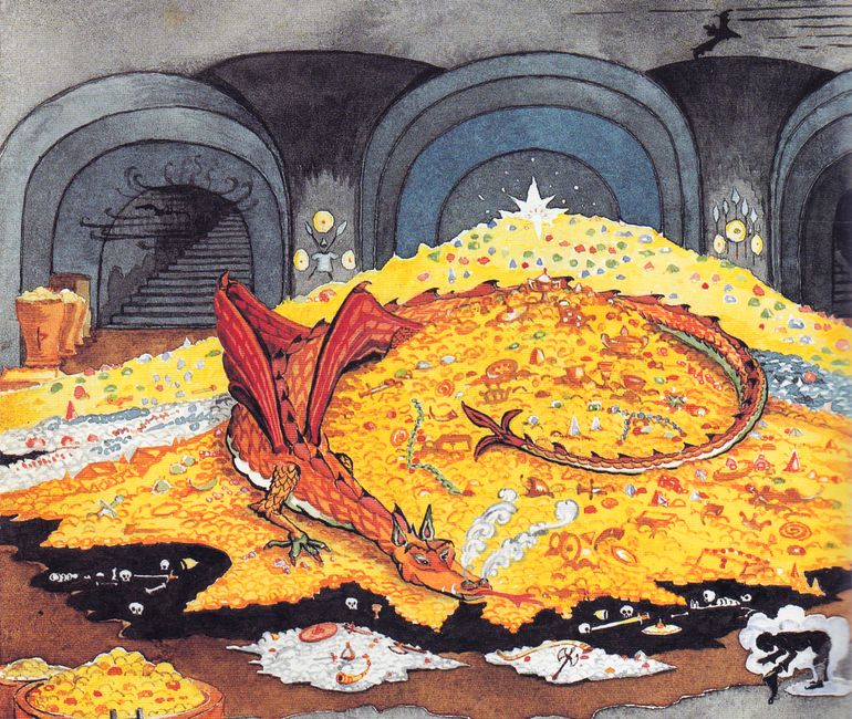 The dragon Smaug; watercolor by JRR Tolkien. Click to enlarge.