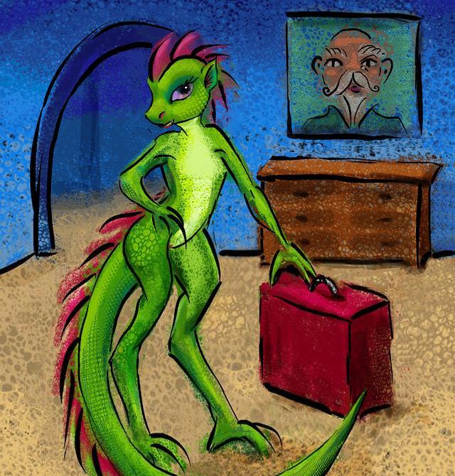 A small green dragon with a red suitcase prepares to leave home. Dream sketch by Wayan. Click to enlarge.