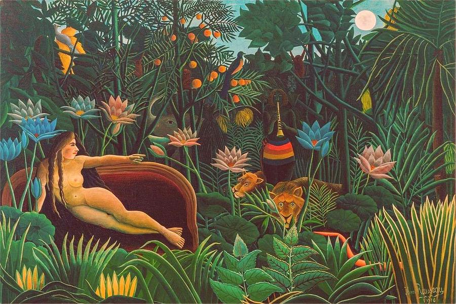 A woman on a red sofa dreams she's in a jungle being serenaded by an enchanter.