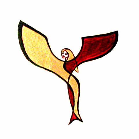 A stylized angel with a mermaid tail, in red gold and black.