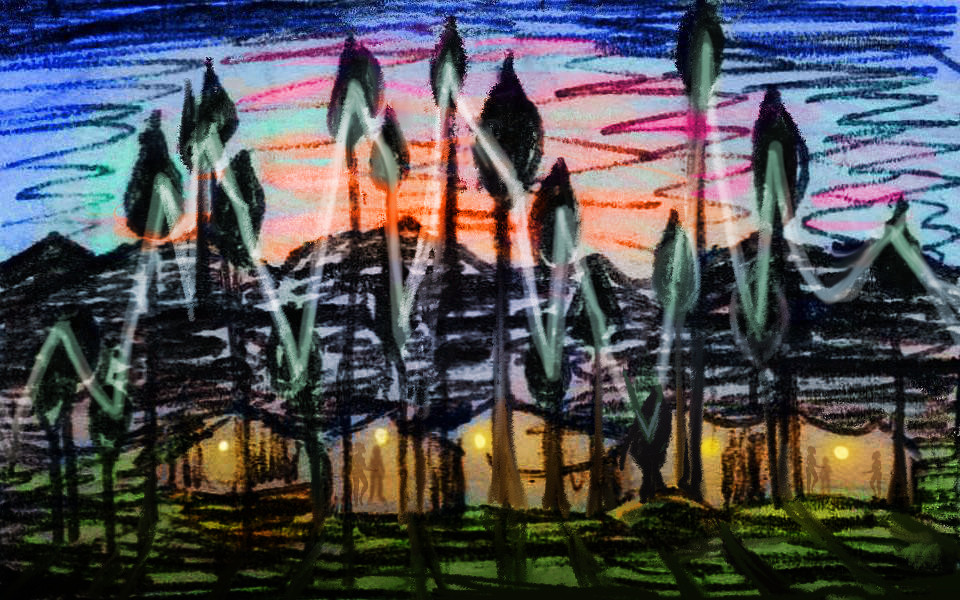 Oasis at dusk: glowing tents, silhouetted palms. Dream sketch by Wayan.