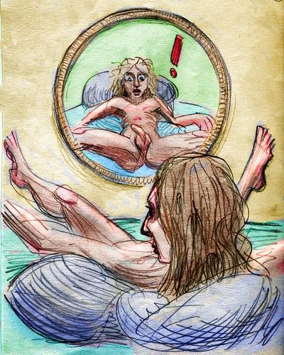 A round mirror reflects me naked as seen from below. Dream sketch by Wayan. Click to enlarge.