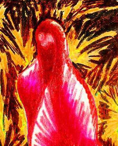 A robed ghost of fire speaks quietly. Crayon, yellow red and black. Dream sketch by Wayan.