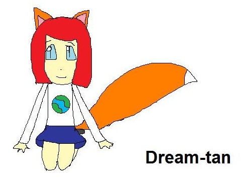 Sketch of a small smiling fox-girl called Dream-tan, by Madellyne Waugh.