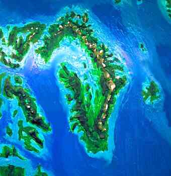 Orbital photo of Dubia, a possible future Earth. Greenland really is green now. It's a jagged arc of mountains cupping a shallow sea.