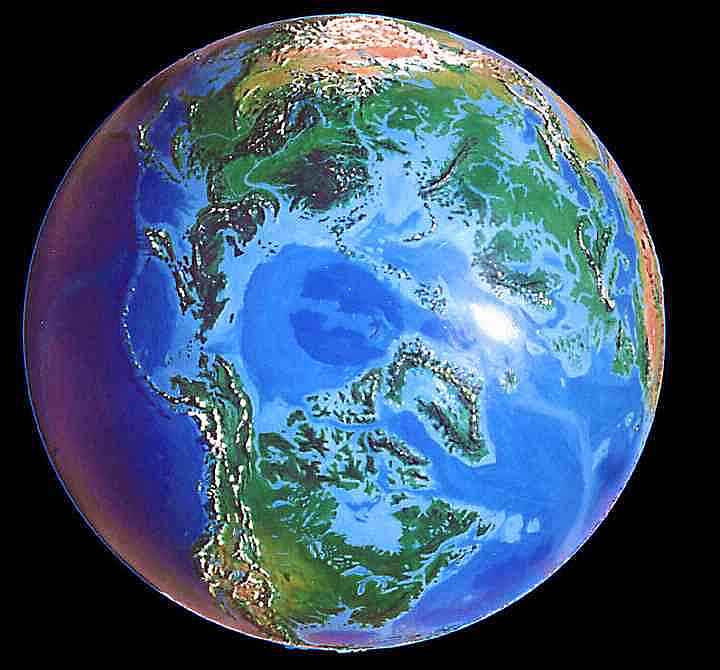 North polar view of Dubia, a possible future Earth. A forest-rimmed, iceless Arctic Sea.