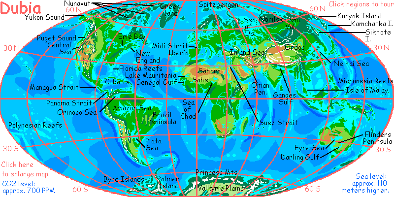 Map of Dubia (a greenhouse Earth with doubled CO2). Click a region to tour it. Click a map corner to enlarge.