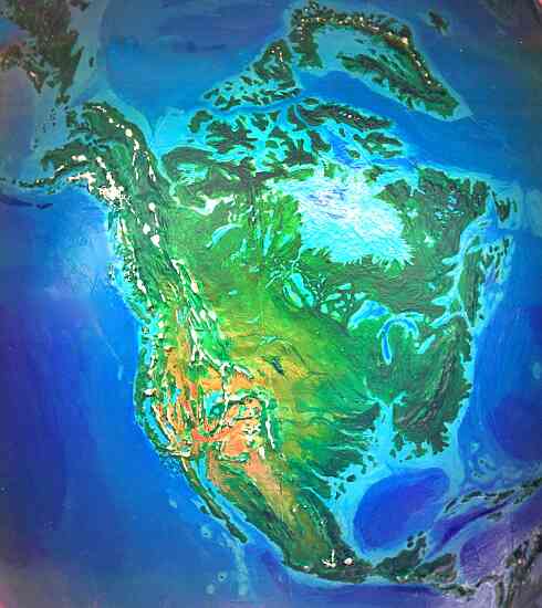 Orbital photo of Dubia, a possible future Earth. North America. The East is broken into islands. Canada dominates.