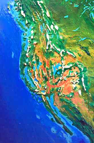 Orbital photo of Dubia, a possible future Earth. America's west coast is broken up by inland seas.