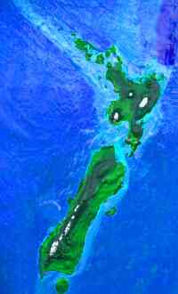Orbital photo of Dubia, a possible future Earth. New Zealand: South Island's intact, but the Auckland region of North Island's flooded.
