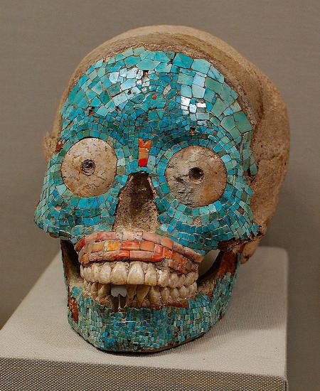 Skull inlaid with turquoise and coral. Mexican. Click to enlarge.