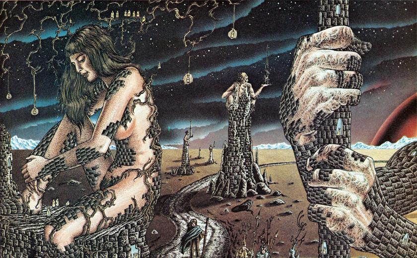 Figures in a desert; half living half stone. Panel from 'Awaken' by Martin Springett, 1979, Heavy Metal magazine.