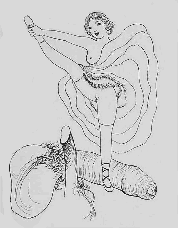 Woman dancing on a huge penis; drawn 1932 by Toyen. Click to enlarge.