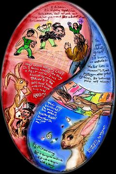 Paint-sketch of a dream by Chris Wayan: an oval, vertically stretched yin-yang symbol in red and blue: the Republicans and Democrats. Figures inside include Toulouse-Lautrec, some financial wizards and a giant futuristic bunny.