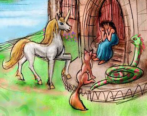 Unicorn, snake, fox, and human girl sit on a wizard's doorstep hoping for aid; dream sketch by Wayan.