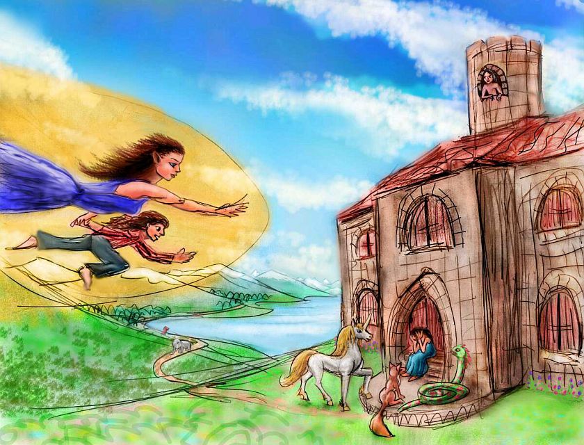 Elbereth flies over Middle Earth, landing at the castle of a reclusive wizard. Dream sketch by Wayan. Click to enlarge.