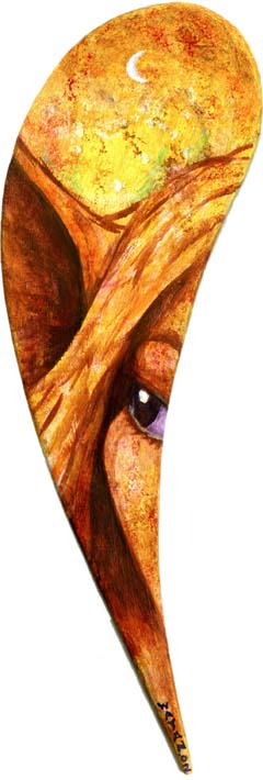 Painting: extreme close-up of an elf peering out at us from a strange teardrop-shaped picture-space. Click to enlarge.