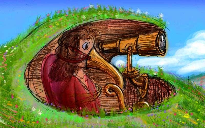 Sketch of a dream by Chris Wayan: a man tied to a chair in a hilltop cavemouth, forced to peer through a telescope, a speaking-tube strapped over his mouth.
