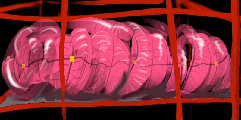 Sketch of a dream by Chris Wayan: in a dark space, a pink intestinal toroid coil; a tokamak?