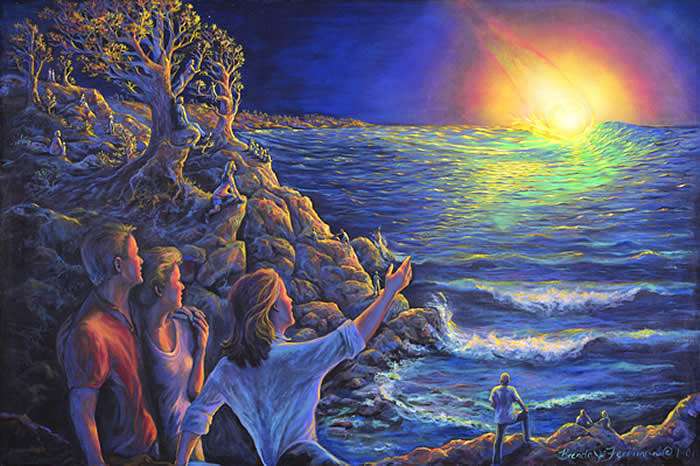 Acrylic painting of a dream by Brenda Ferrimani. As people watch in wonder, a huge meteor hits the sea, but, impossibly, raises no waves.