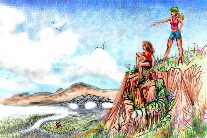 Sketch of a dream by Wayan, 'Spot the Clues.' A rocky bluff above marshes of northern San Francisco Bay. Blonde with baseball cap points, frowning, at something in the marsh; I sit on the edge and try to see it. Click for close-up.