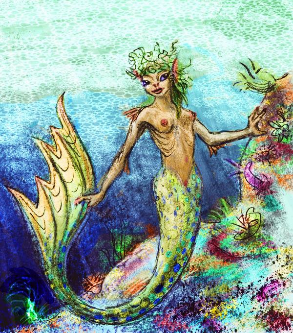 A busty mermaid on a coral reef. Dream sketch by Wayan. Click to enlarge.