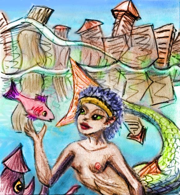 Slender mermaid in a harbor teaches fish to avoid nets. Dream sketch by Wayan. Click to enlarge.