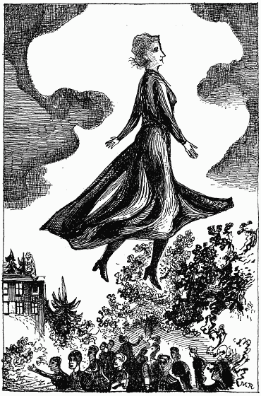 Illustration by Michael Rothenstein of a dream by Nancy Price: Nancy levitates to escape a silent crowd she can join but not leave.