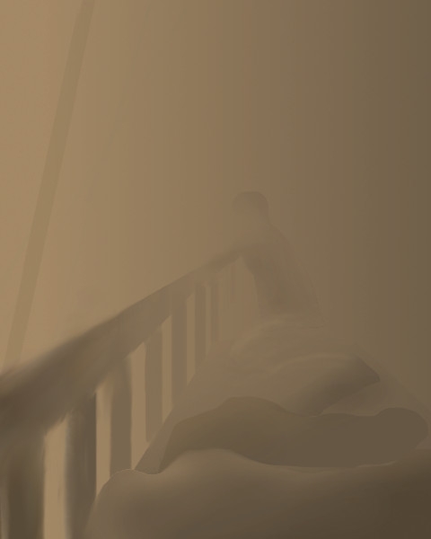 Smoke obscures a balcony where bundled figures collapse from smoke inhalation; 2015 sketch by Wayan of a 1900 dream by JW Dunne