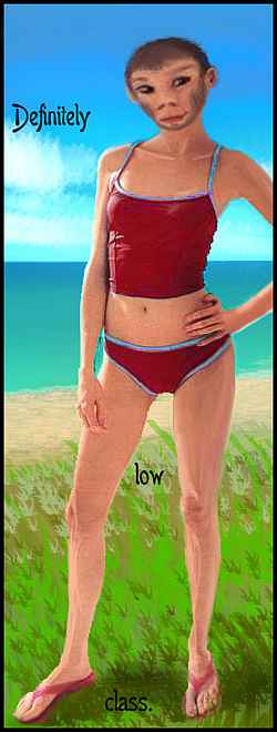A trickster spirit named Obono or Obolo, at the beach: girl in a red swimsuit with a chimplike head. She was more voluptuous in the dream.