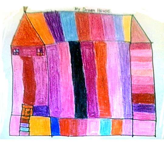 Large crayon drawing by Kavitha Subramaniam of her dream house, a tall, rectangular house painted hot colors.