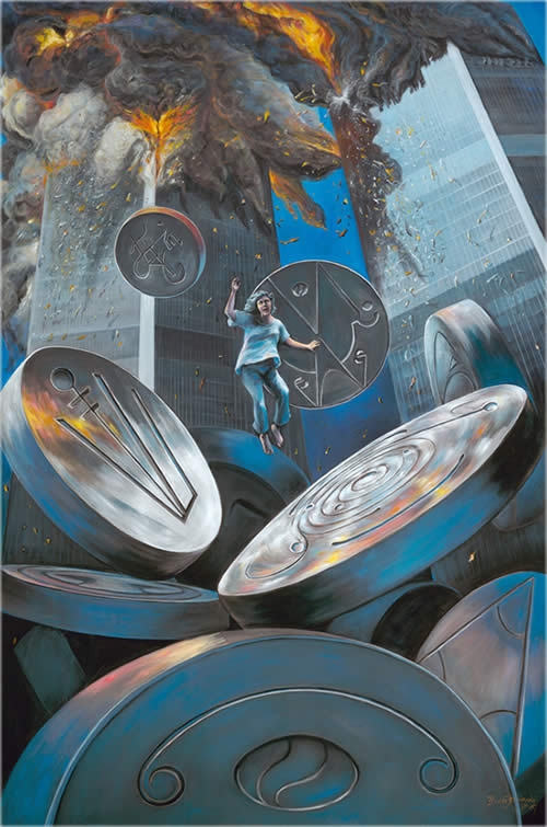 Acrylic painting of a dream by Brenda Ferrimani. As the World Trade Center burns, Brenda falls. But around her are huge metal discs with alien writing.