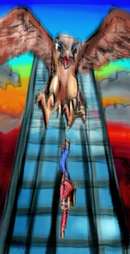 Hawk dives on tiny man falling off tower. Dream sketch by Wayan. Click to enlarge.