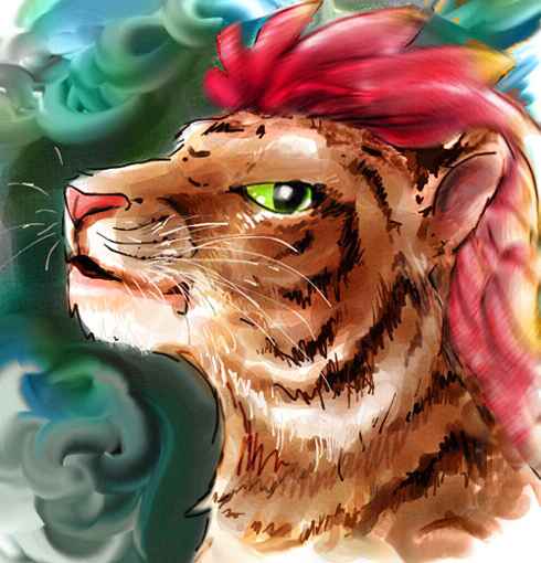 Dream: In Familiar Wood, I meet a red-crested tiger person.
