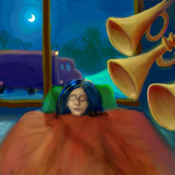 Sleeper dreams of horns, wakes to find truck braking noisily. Dream sketch by Wayan.