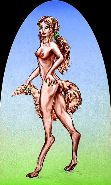 Pencil sketch of faun-girl with mare's tail and fox-legs, stretching to full relevee...