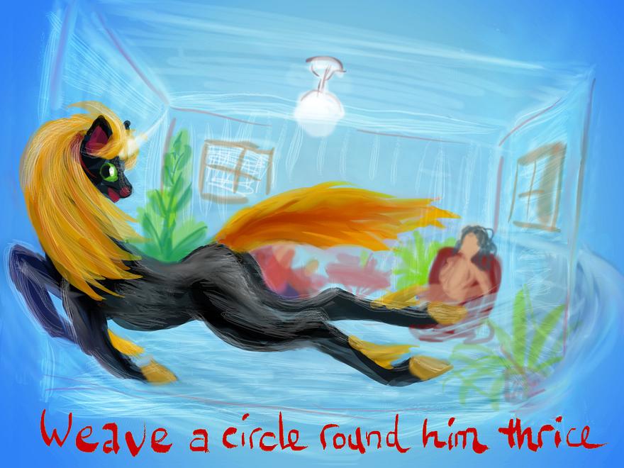 Black unicorn with gold mane & tail gallops around an office; trance sketch by Wayan.