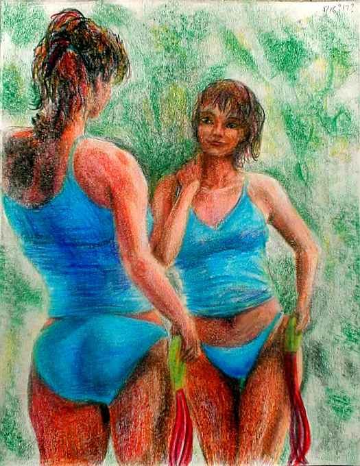 figure in blue tank and panties looks at herself in mirror, likes what she sees. Exercise will do that.