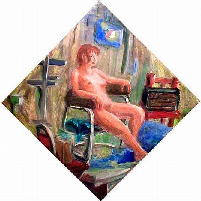Redhead slouches in a chair in painting class; a diamond-shaped painting.
