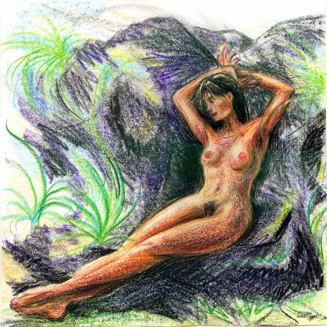 Evangeline lounges on rocks amid ferns; figure sketch by Wayan. Click to enlarge.