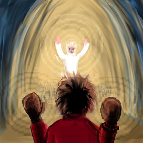 I put on boxing gloves to beat up 30,000 angels, then God. Dream sketch by Wayan. Click to enlarge.