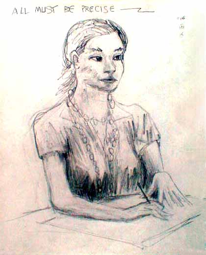Line drawing of woman drawing at small table