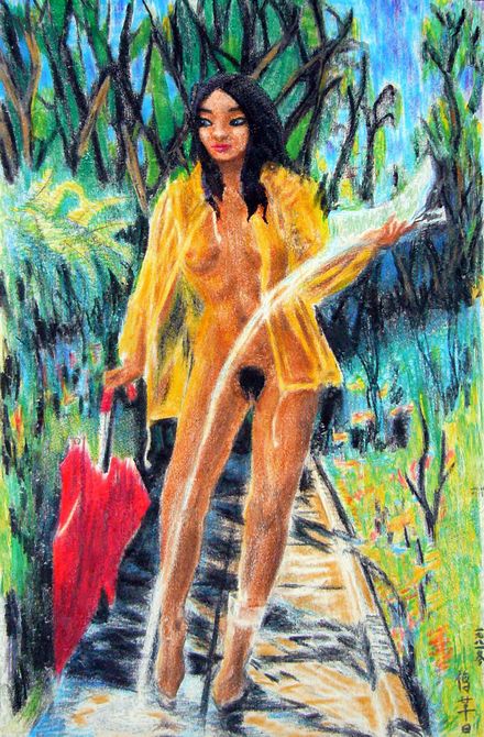 Lorraine Michaels nude in a park after rain. Crayon by Chris Wayan. Click to enlarge.