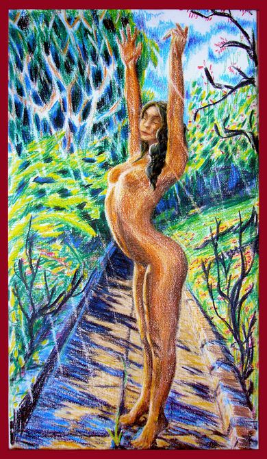 Lorraine Michaels nude in a park after rain. Crayon by Chris Wayan. Click to enlarge.