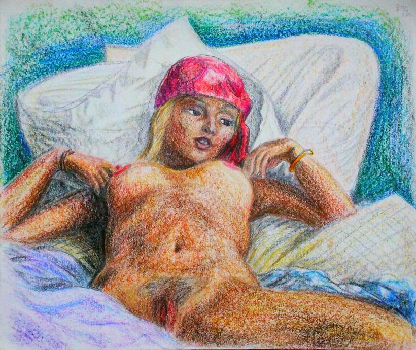 Sleepy-eyed blonde on her back in bed, wearing a small red cap; view from her feet. Sketch by Wayan; click to enlarge.