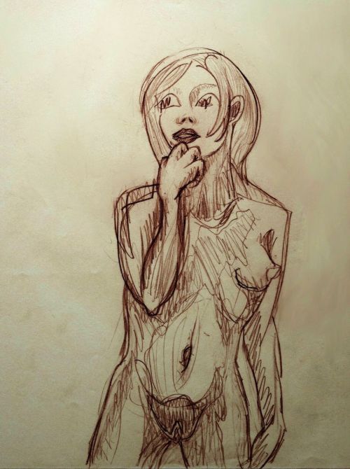 Evangeline hand to mouth, looking undecided; figure sketch by Wayan. Click to enlarge.