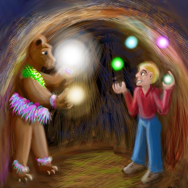 White guy and Bear juggle ball-lightnings. Dream sketch by Wayan. Click to enlarge.