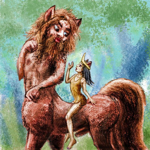 A topheavy centaur peers at a human child on his back. Dream sketch by Wayan. Click to enlarge.