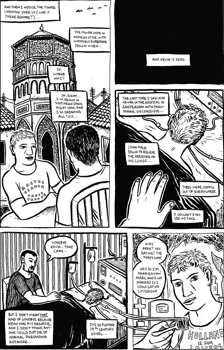Black and white comic of a dream. J notices an impossibly intricate Moorish tower and realizes he's dreaming. And Kevin is dead. He didn't even say goodbye, really, since no one dies of simple pneumonia in a modern country like the Netherlands.