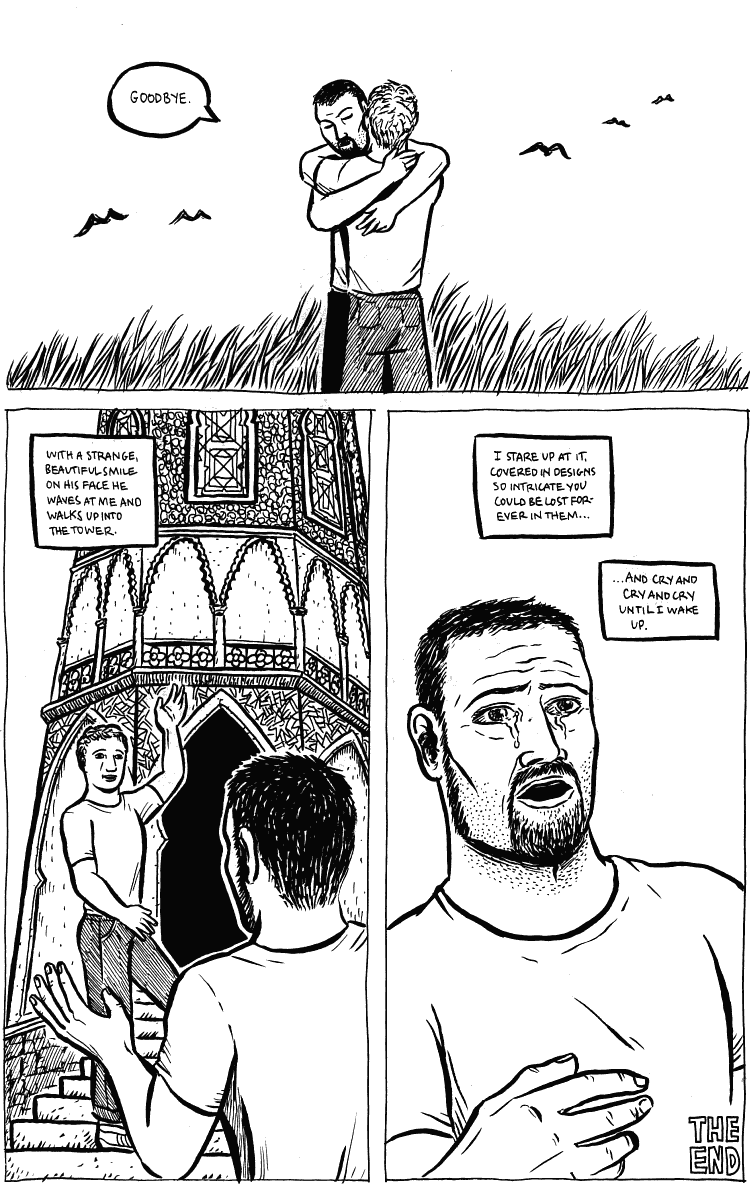 Black and white comic of a dream. Kevin's ghost smiles, turns, and walks into the beautiful tower. And J wakes up crying.